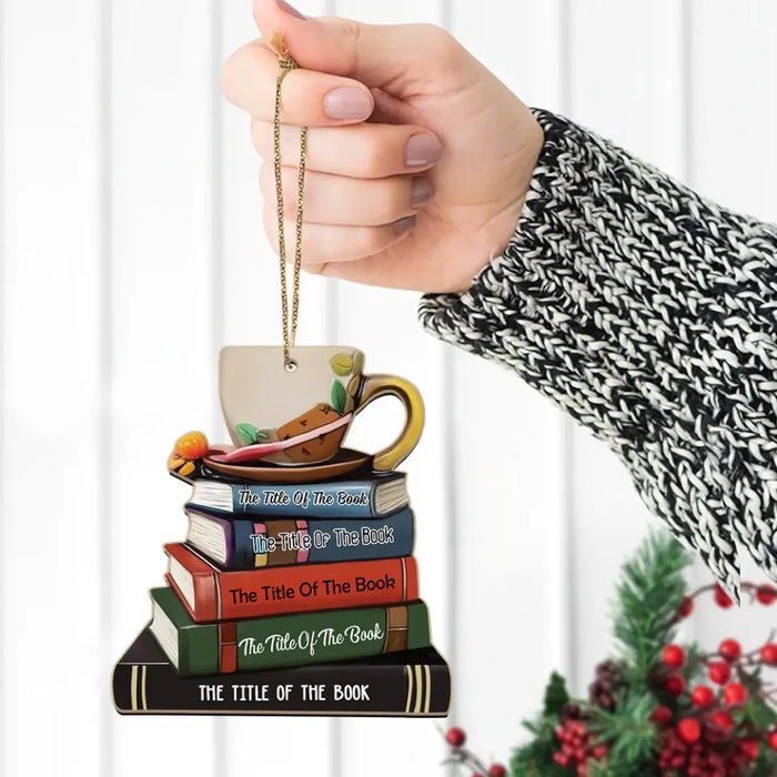 Book Stack With Tea 3 - Personalized Gifts Custom Wooden Ornament For Her, Book Lovers