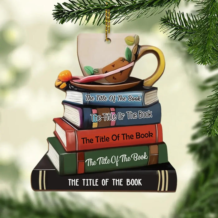 Book Stack With Tea 3 - Personalized Gifts Custom Wooden Ornament For Her, Book Lovers