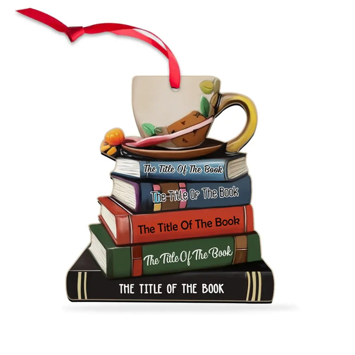 Book Stack With Tea 3 - Personalized Gifts Custom Wooden Ornament For Her, Book Lovers
