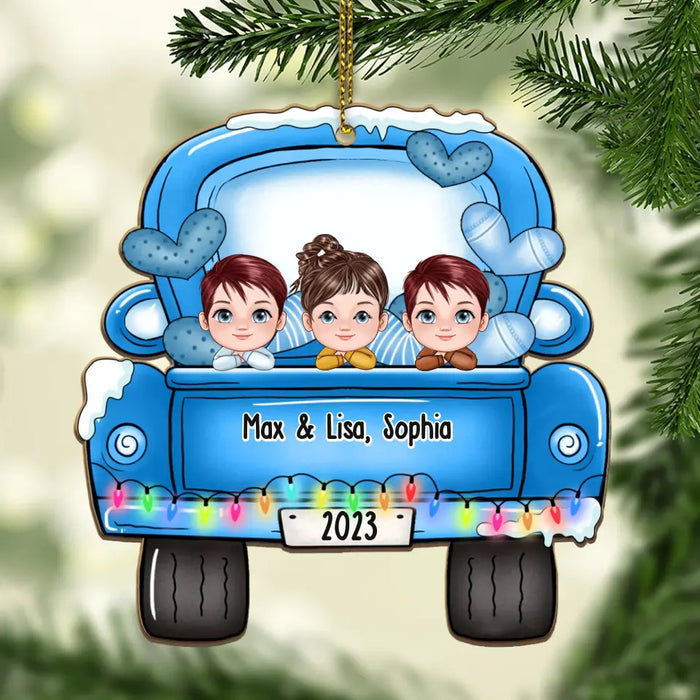 Pickup Truck With Children - Personalized Christmas Gifts Custom Wooden Ornament For Parents For Grandparents