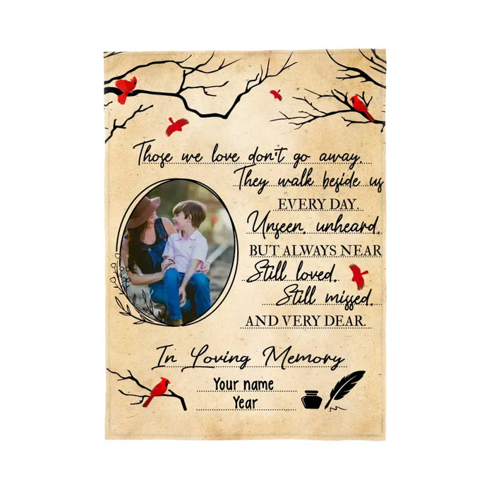 Those We Love Don't Go Away They Walk Beside Us Every Day - Personalized Photo Upload Gifts Custom Memorial Blanket for Mom, for Dad