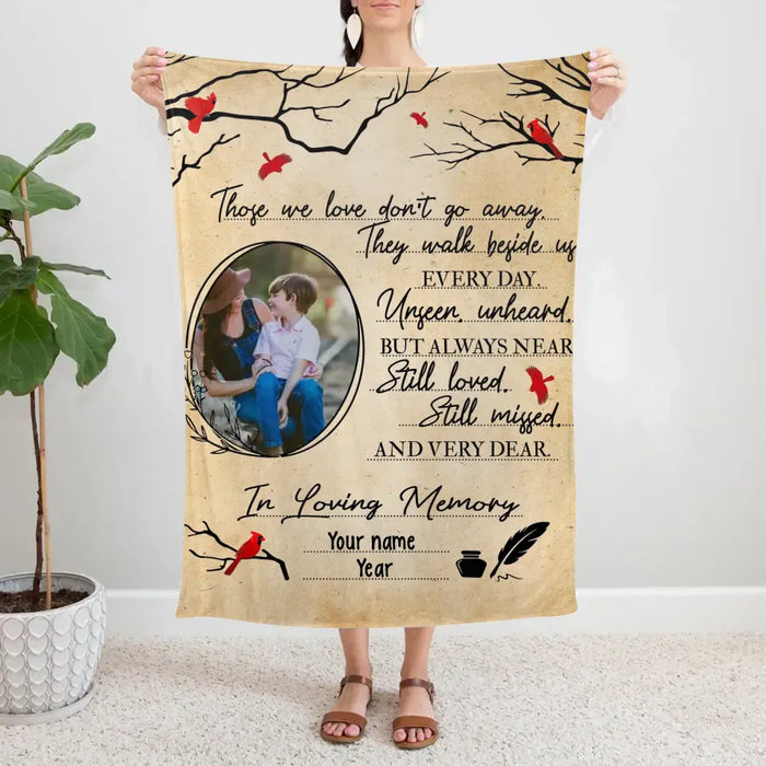 Those We Love Don't Go Away They Walk Beside Us Every Day - Personalized Photo Upload Gifts Custom Memorial Blanket for Mom, for Dad