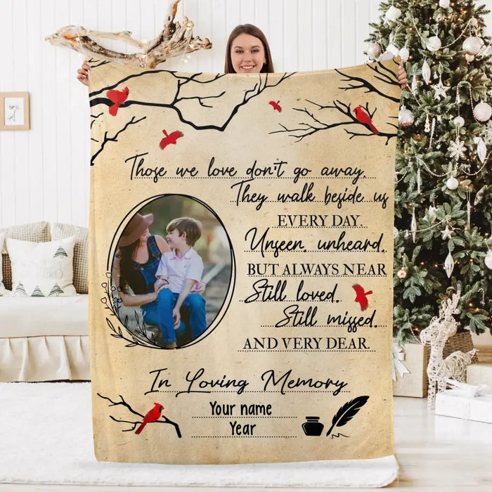 Those We Love Don't Go Away They Walk Beside Us Every Day - Personalized Photo Upload Gifts Custom Memorial Blanket for Mom, for Dad