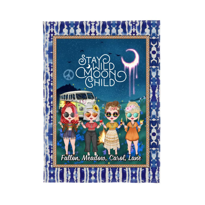 Up To 4 Chibi Stay Wild Moon Child - Personalized Blanket For Her, Friends, Sisters, Hippie