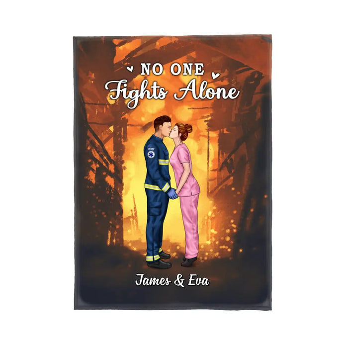 No One Fights Alone Couples - Personalized Blanket Firefighter, EMS, Nurse, Police Officer, Military