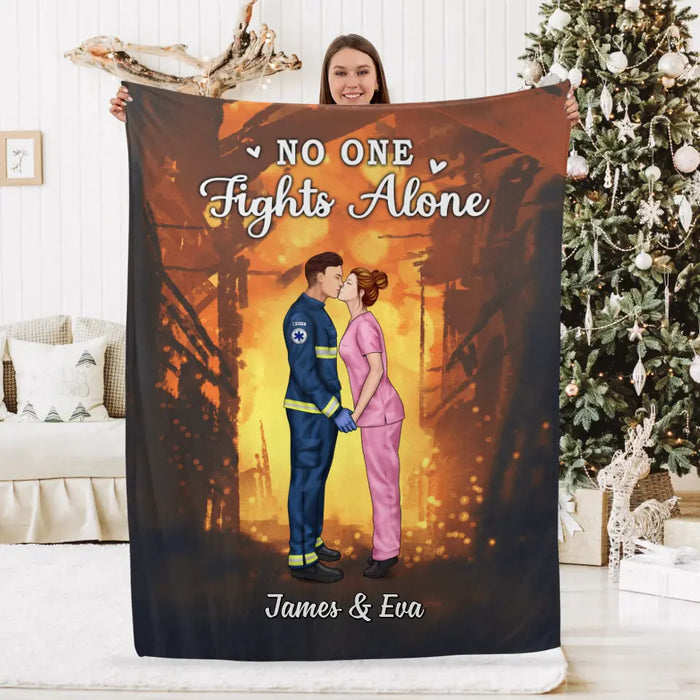 No One Fights Alone Couples - Personalized Blanket Firefighter, EMS, Nurse, Police Officer, Military