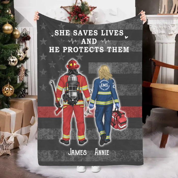 Save Lives Couple Friends - Personalized Blanket Firefighter, EMS, Police Officer, Military, Nurse