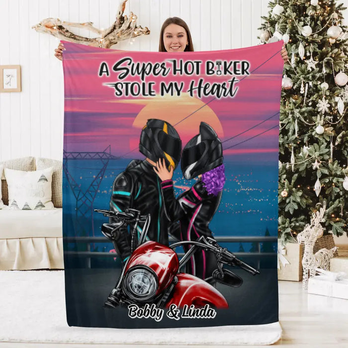 A Super Hot Biker Stole My Heart - Personalized Blanket For Couples, Him, Her, Motorcycle Lovers