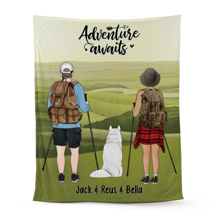 Hiking Couple And Dogs - Personalized Blanket For Her, Him, Dog Lovers, Hiking