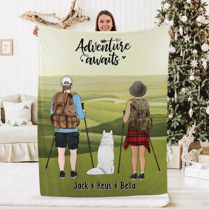 Hiking Couple And Dogs - Personalized Blanket For Her, Him, Dog Lovers, Hiking