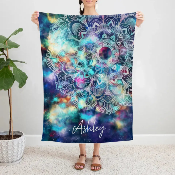 Personalized Blanket, Bohemian Hippie Mandala Flower on Colorful Universe Nebula Background, Gift For Mandala Lovers