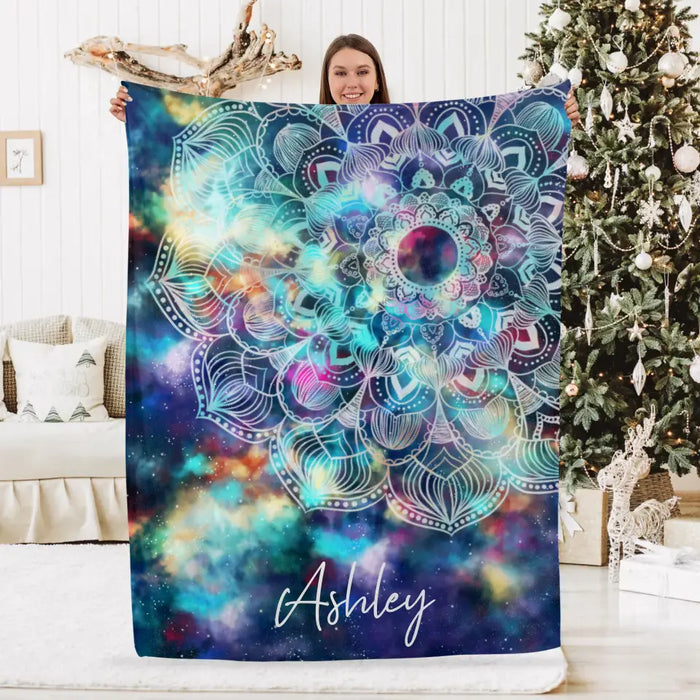 Personalized Blanket, Bohemian Hippie Mandala Flower on Colorful Universe Nebula Background, Gift For Mandala Lovers