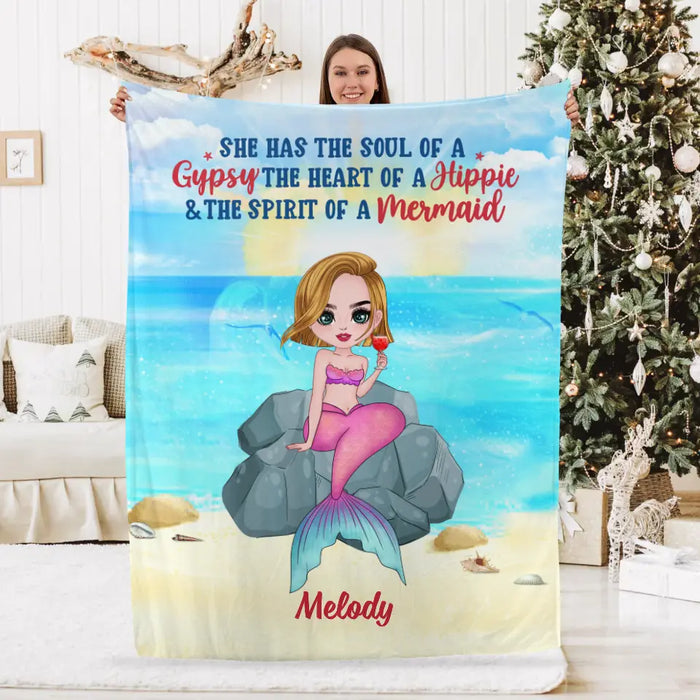 Personalized Blanket, Gift For Mermaid Fans, Drinking Mermaid, She Has The Soul Of A Gypsy