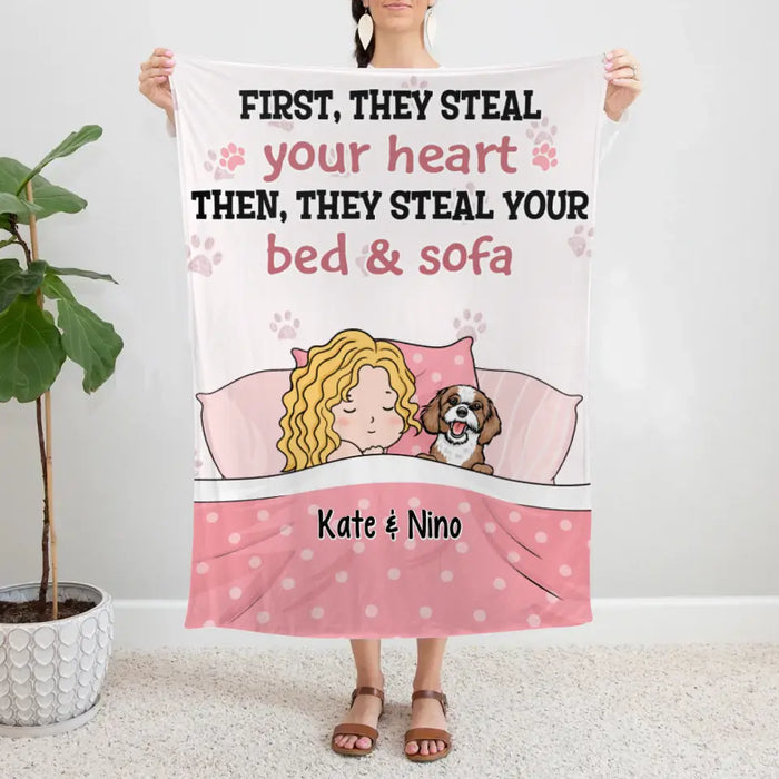 Personalized Blanket, Sleeping With Pets, First They Steal Your Heart Then They Steal Your Bed, Gift For Dog Lovers, Cat Lovers