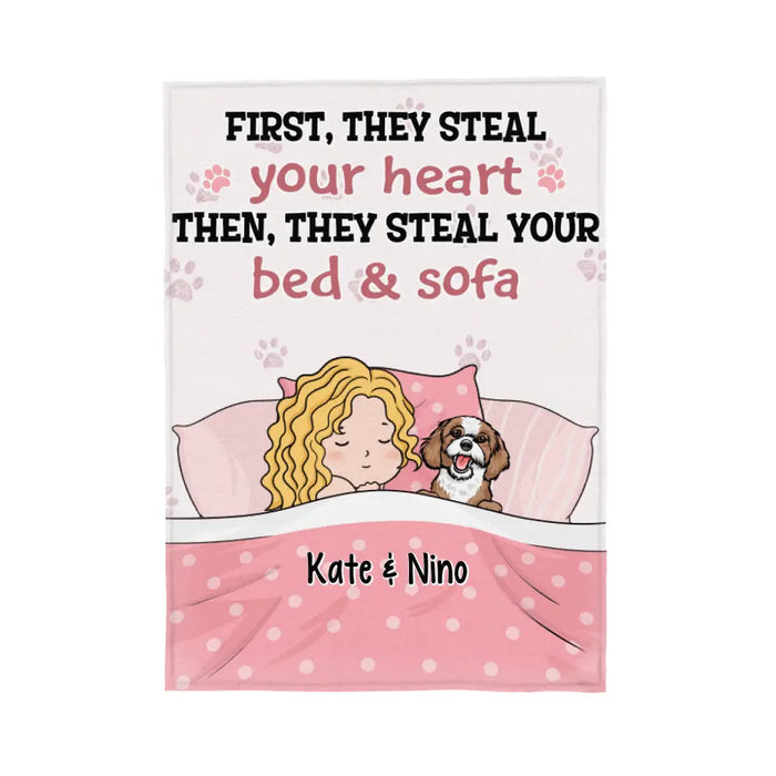 Personalized Blanket, Sleeping With Pets, First They Steal Your Heart Then They Steal Your Bed, Gift For Dog Lovers, Cat Lovers