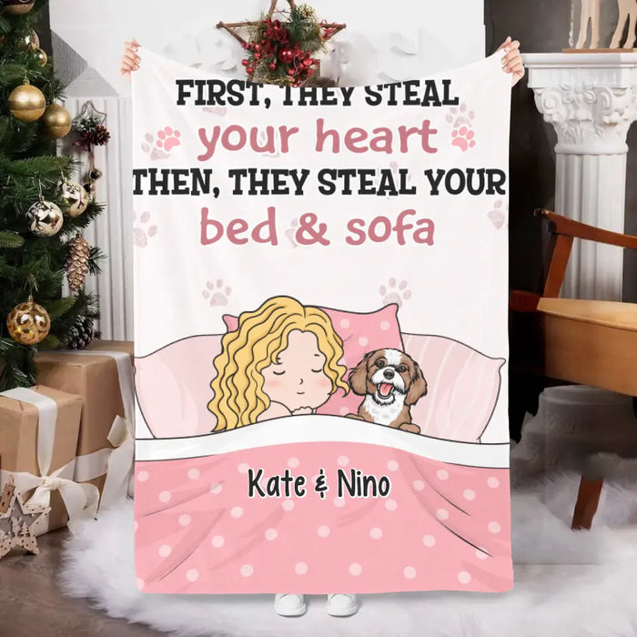 Personalized Blanket, Sleeping With Pets, First They Steal Your Heart Then They Steal Your Bed, Gift For Dog Lovers, Cat Lovers