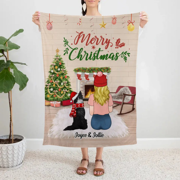 Personalized Blanket, Merry Christmas Girl with Dogs, Xmas Gift for Dog Lovers