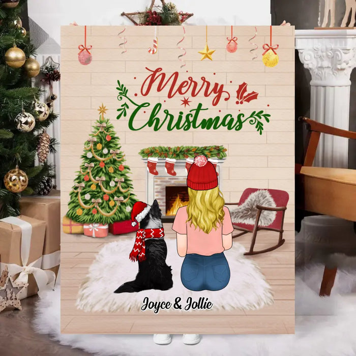 Personalized Blanket, Merry Christmas Girl with Dogs, Xmas Gift for Dog Lovers