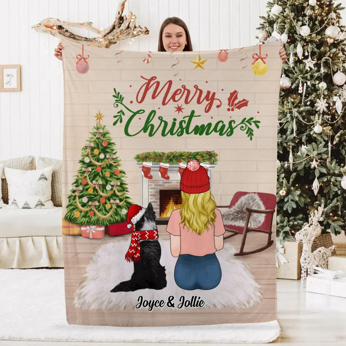 Personalized Blanket, Merry Christmas Girl with Dogs, Xmas Gift for Dog Lovers