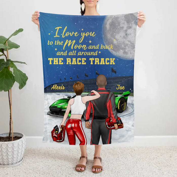 I Love You To The Moon And Back, The Rack Track - Personalized Gifts Custom Racing Blanket For Him For Couples, Racing Lovers