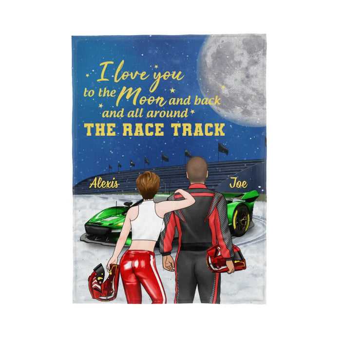 I Love You To The Moon And Back, The Rack Track - Personalized Gifts Custom Racing Blanket For Him For Couples, Racing Lovers