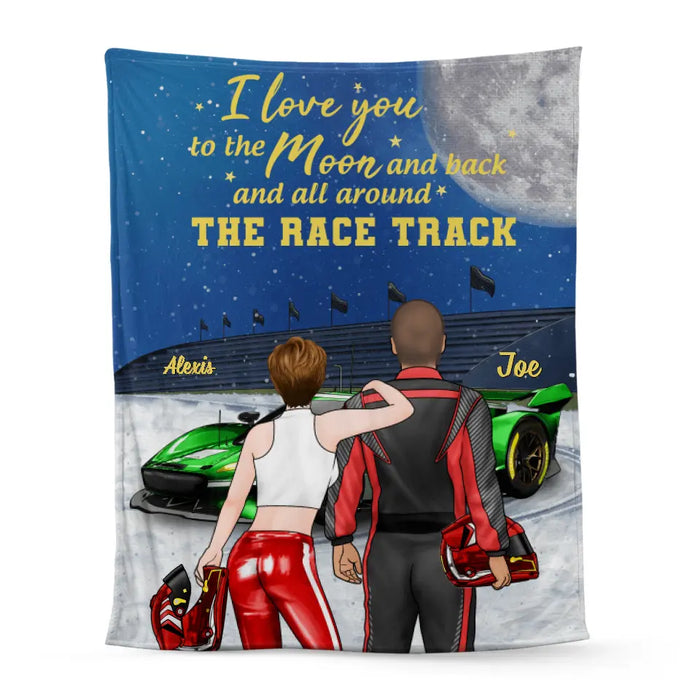 I Love You To The Moon And Back, The Rack Track - Personalized Gifts Custom Racing Blanket For Him For Couples, Racing Lovers