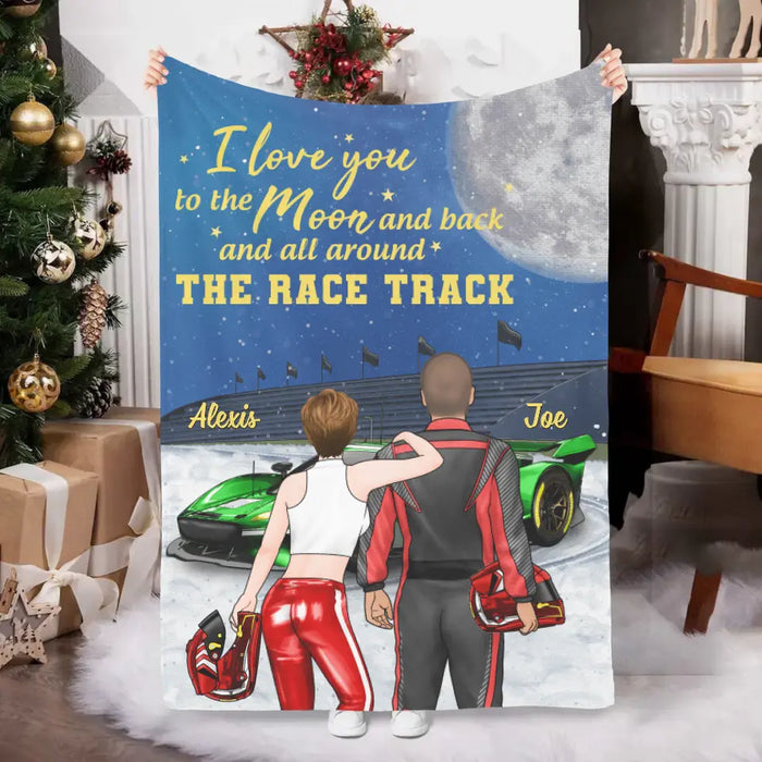 I Love You To The Moon And Back, The Rack Track - Personalized Gifts Custom Racing Blanket For Him For Couples, Racing Lovers