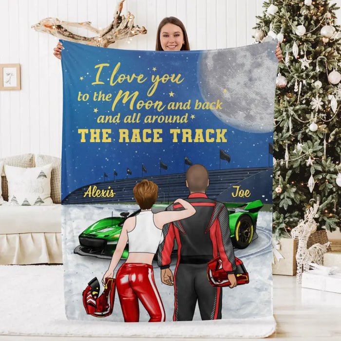 I Love You To The Moon And Back, The Rack Track - Personalized Gifts Custom Racing Blanket For Him For Couples, Racing Lovers