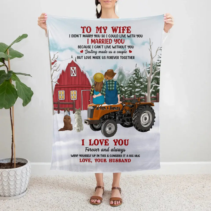 Personalized Blanket, To My Wife - Couple On Tractor With Dogs, Christmas Gift For Farmers And Dog Lovers, Gift For Her