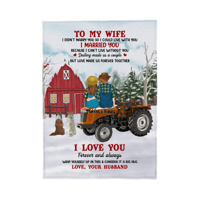 Personalized Blanket, To My Wife - Couple On Tractor With Dogs, Christmas Gift For Farmers And Dog Lovers, Gift For Her