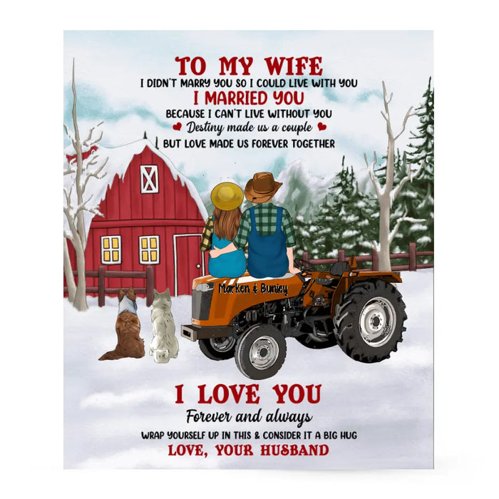 Personalized Blanket, To My Wife - Couple On Tractor With Dogs, Christmas Gift For Farmers And Dog Lovers, Gift For Her