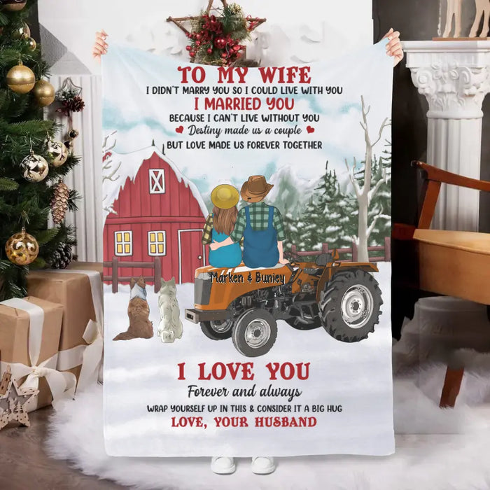 Personalized Blanket, To My Wife - Couple On Tractor With Dogs, Christmas Gift For Farmers And Dog Lovers, Gift For Her