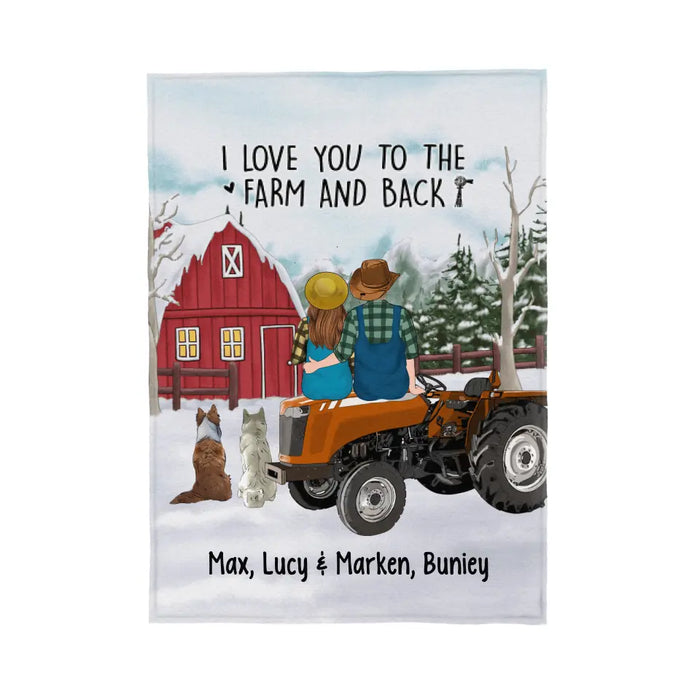 Personalized Blanket, Farming Couple On Tractor With Dogs, Winter Theme, Gift For Farmers And Dog Lovers