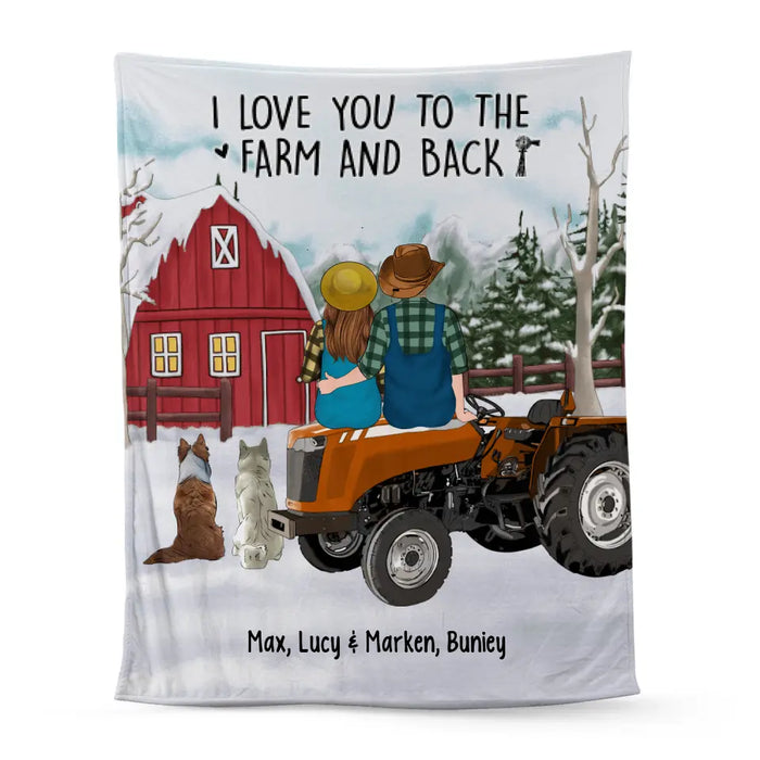 Personalized Blanket, Farming Couple On Tractor With Dogs, Winter Theme, Gift For Farmers And Dog Lovers