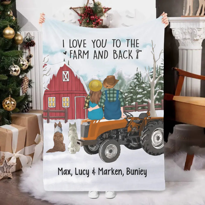 Personalized Blanket, Farming Couple On Tractor With Dogs, Winter Theme, Gift For Farmers And Dog Lovers