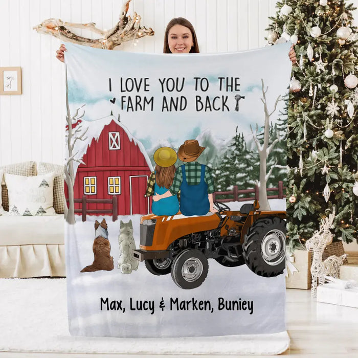 Personalized Blanket, Farming Couple On Tractor With Dogs, Winter Theme, Gift For Farmers And Dog Lovers