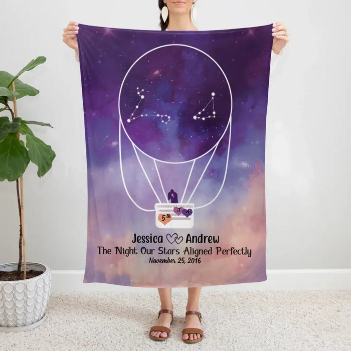 Personalized Blanket, Star Sign Couple In Hot Air Balloon, Anniversary Gift For Couple