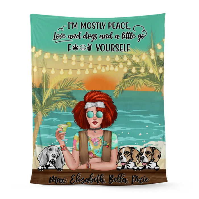 Personalized Blanket, Hippie Girl with Dogs On The Beach, Gifts For Hippie and Dog Lovers