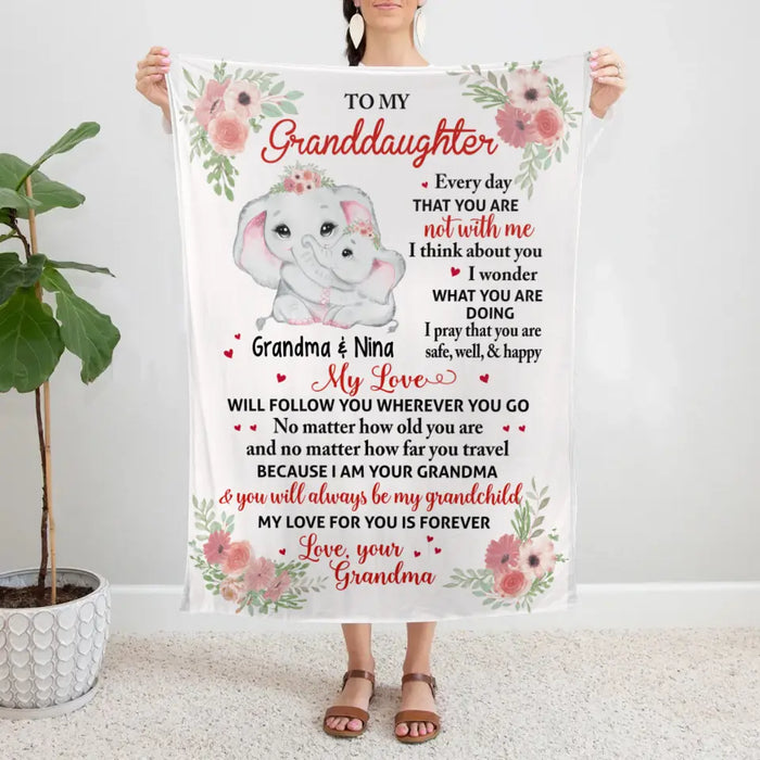 To My Granddaughter Floral Elephant - Grandma and Granddaughter - Personalized Gifts Custom Blanket for Granddaughter for Grandma