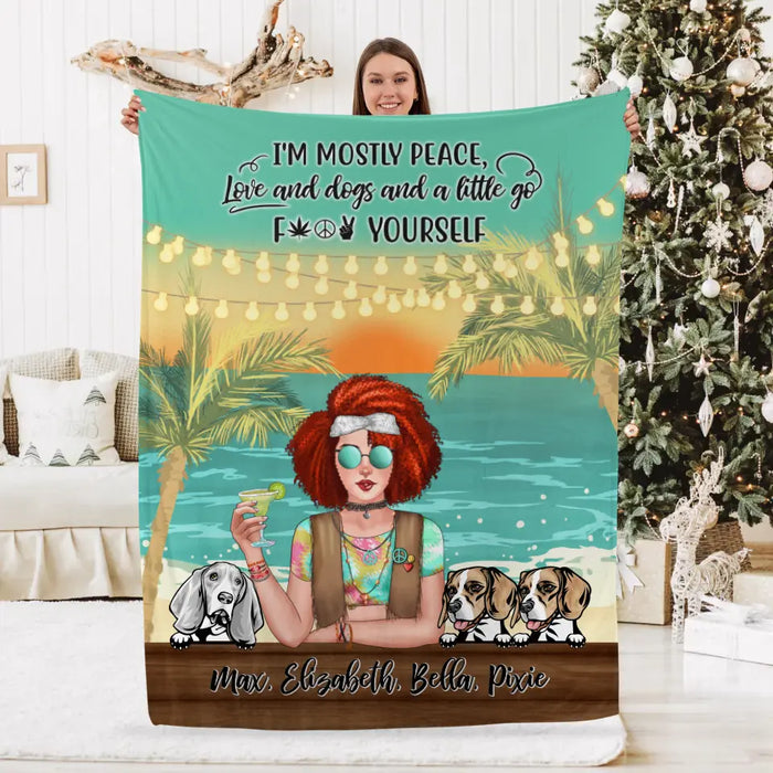 Personalized Blanket, Hippie Girl with Dogs On The Beach, Gifts For Hippie and Dog Lovers