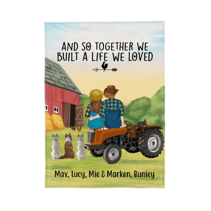 Personalized Blanket, Farming Couple On Tractor With Dogs, Gift For Farmers, Gift For Dog Lovers