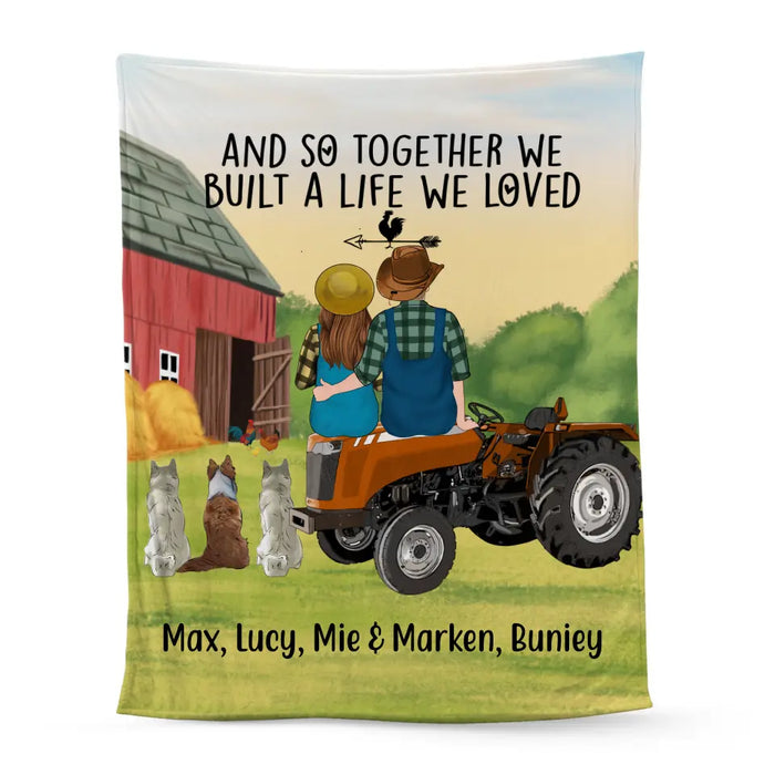 Personalized Blanket, Farming Couple On Tractor With Dogs, Gift For Farmers, Gift For Dog Lovers