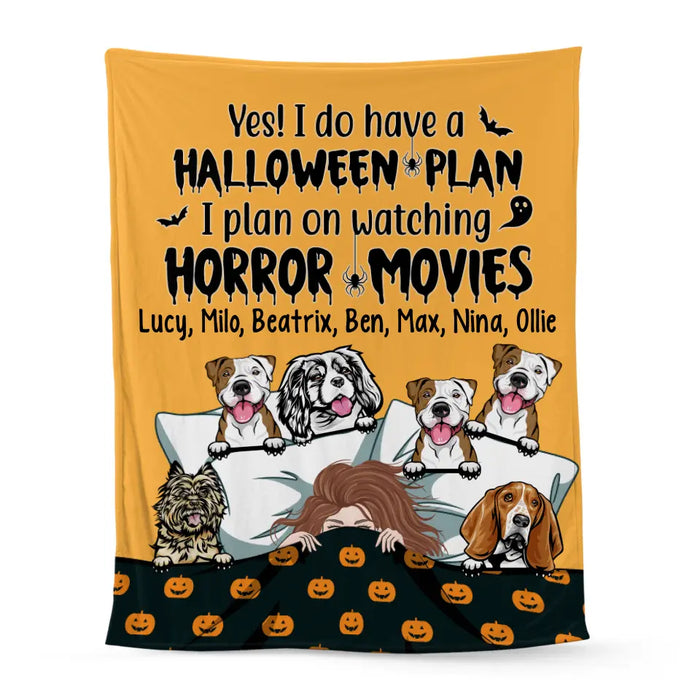 Personalized Blanket, Up To 6 Dogs, Sleeping Girl With Dogs, Yes I Do Have A Halloween Plan, Halloween Gift For Dog Lovers