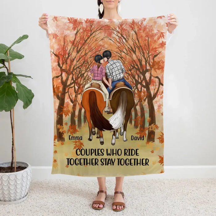 Personalized Blanket, Horseback Riding Couple Holding Hand - Couples Who Ride Together Stay Together, Gift For Horse Lovers