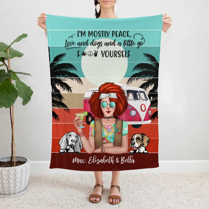 Personalized Blanket, Hippie Girl with Dogs Custom Gift For Dog and Hippie Lovers