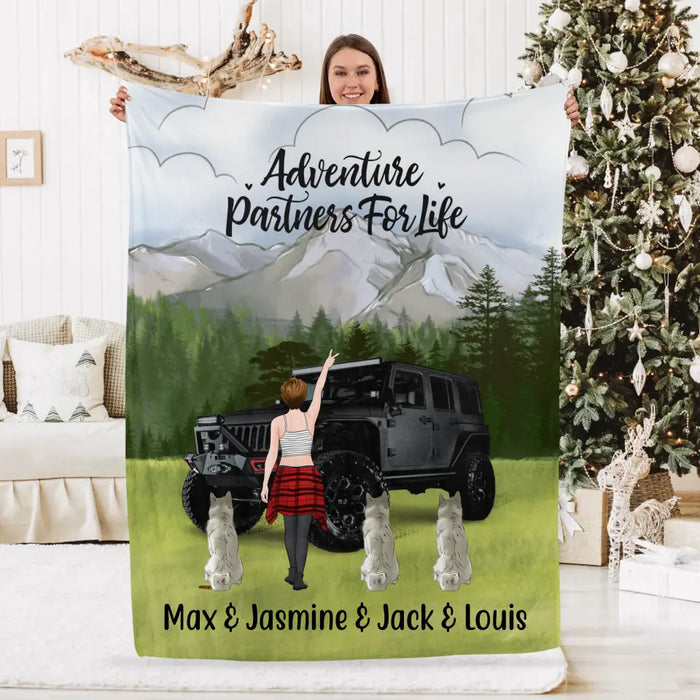 Personalized Blanket, Adventure Girl With Cats And Dogs, Custom Gift For Dogs and Car Lovers