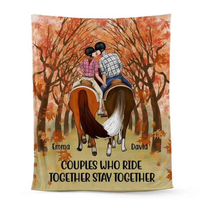 Personalized Blanket, Horseback Riding Couple Holding Hand - Couples Who Ride Together Stay Together, Gift For Horse Lovers