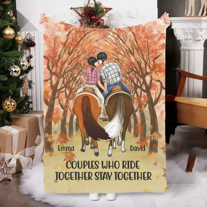 Personalized Blanket, Horseback Riding Couple Holding Hand - Couples Who Ride Together Stay Together, Gift For Horse Lovers