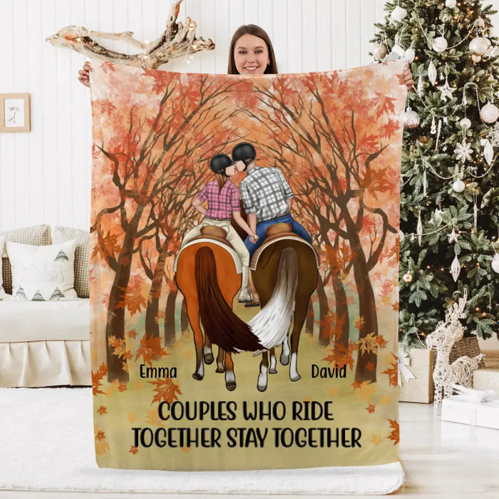 Personalized Blanket, Horseback Riding Couple Holding Hand - Couples Who Ride Together Stay Together, Gift For Horse Lovers