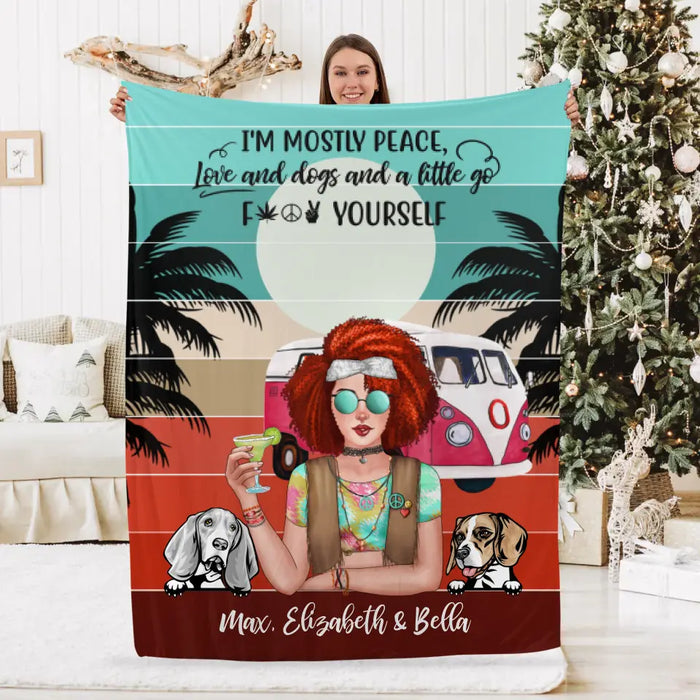 Personalized Blanket, Hippie Girl with Dogs Custom Gift For Dog and Hippie Lovers